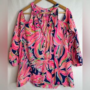 Lilly Pulitzer Sunny Shoulder Silk Elsa Top Banana Flambé Print Size XL